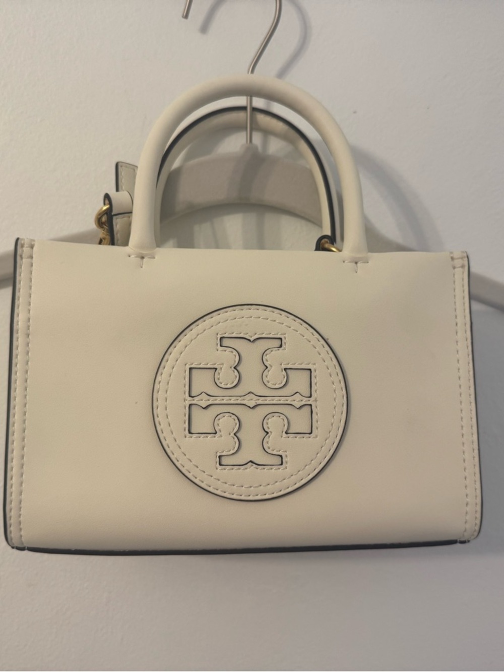 Tory Burch Cream Leather Ella Mini Tote with Logo Medallion
